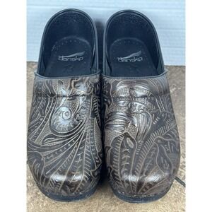 Dansko Professional Tooled Leather Clogs Brown Floral Size 38 US 7.5-8